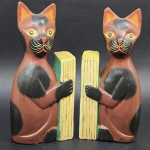 Cat Standing Carved Wooden Bookends X2 Shelf Decor 9.5" Whimsical Folk Art READ